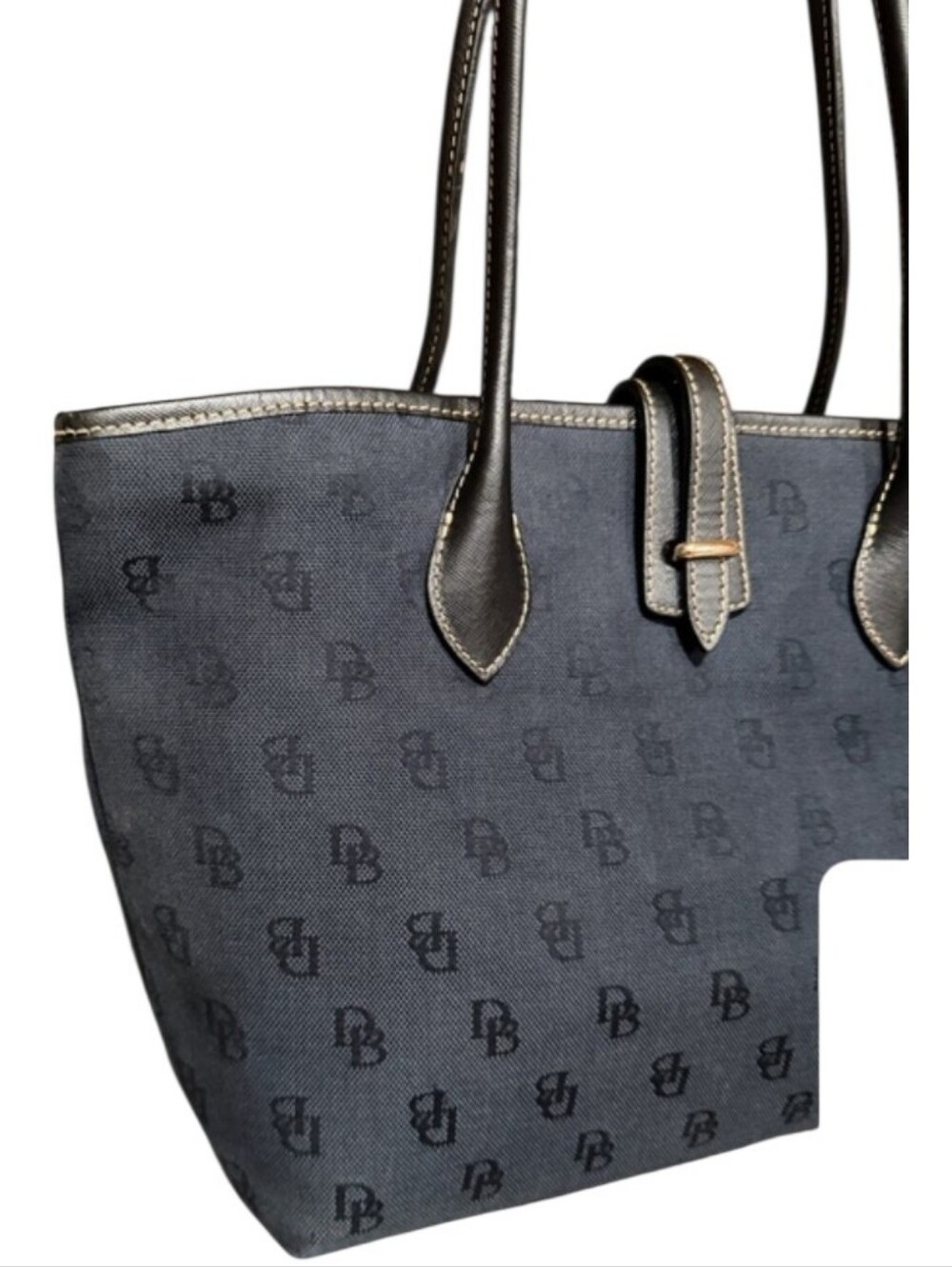Dooney & Bourke tote bag features a tonal monogram pattern on navy canvas GUC - Picture 2 of 8